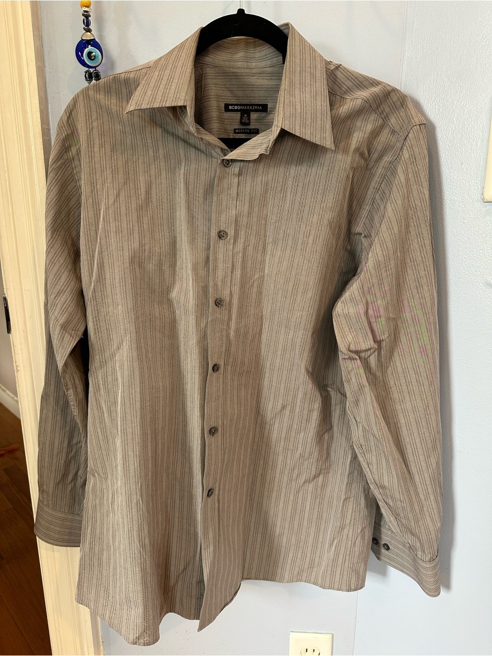 BCBGMaxAzria Men's Striped Dress Shirt in Brown and Tan
